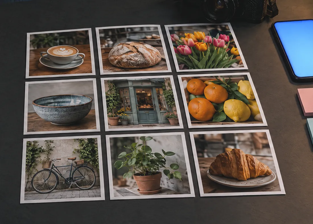Nine photo prints arranged in a neat three-by-three grid, like a planned feed