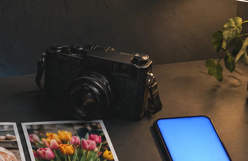 A black film camera on a dark desk beside a phone glowing blue