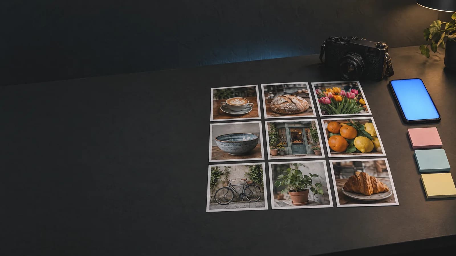 Nine square photo prints of coffee, bread, flowers and a shop front laid out in a neat grid on a dark desk beside a phone glowing blue