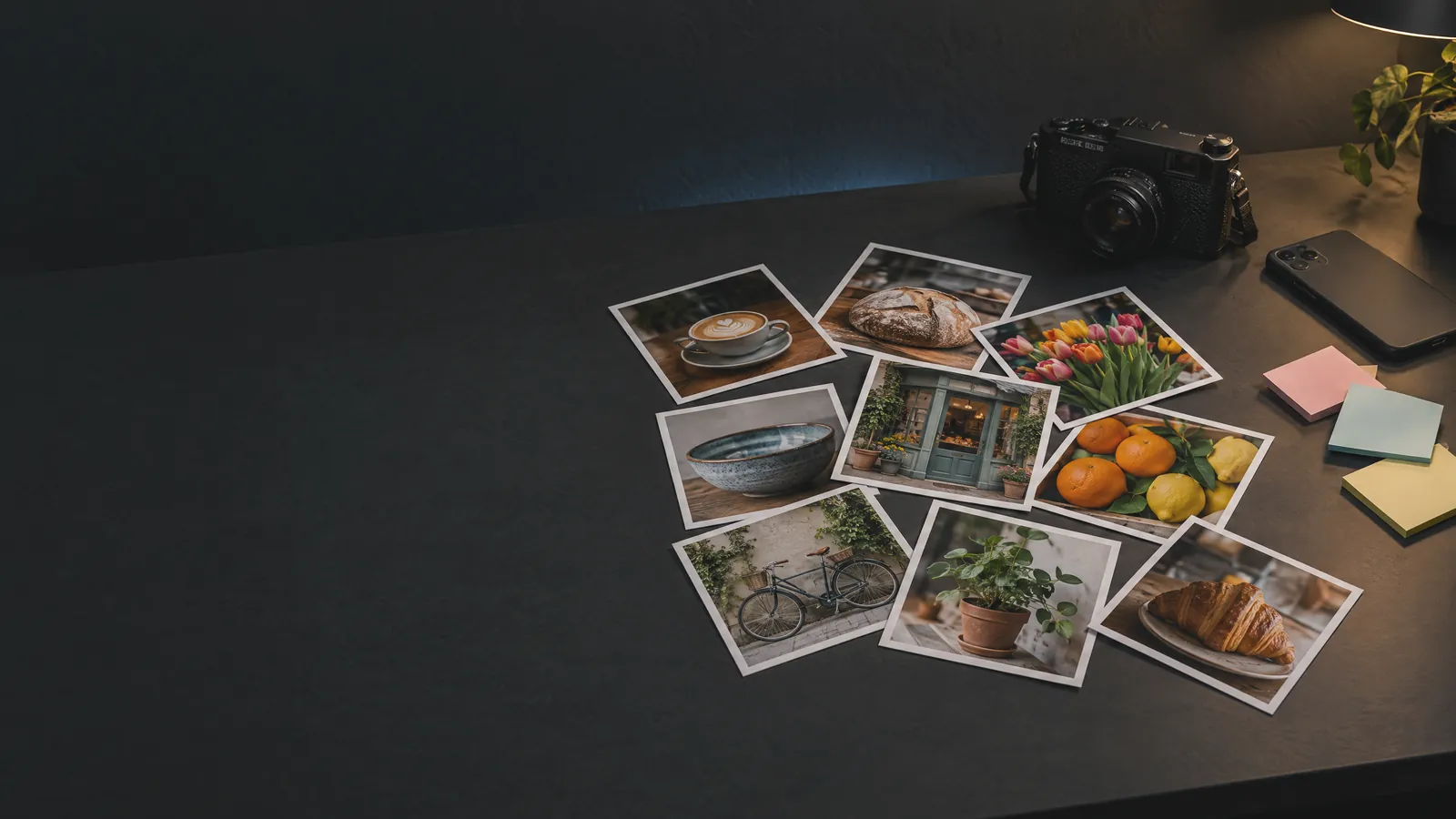 Square photo prints of everyday small-business scenes scattered on a dark desk beside a camera and a phone