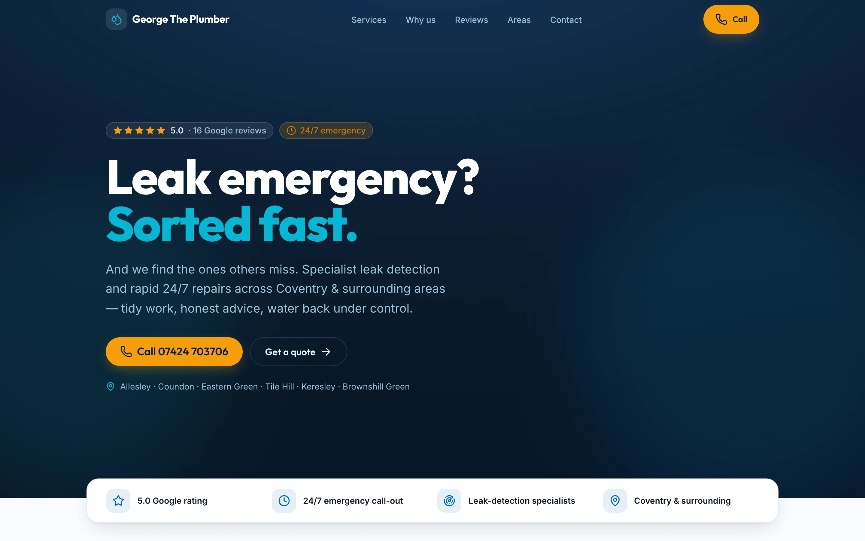 George The Plumber concept website hero with the headline Leak emergency? Sorted fast., a call button and a get a quote button.