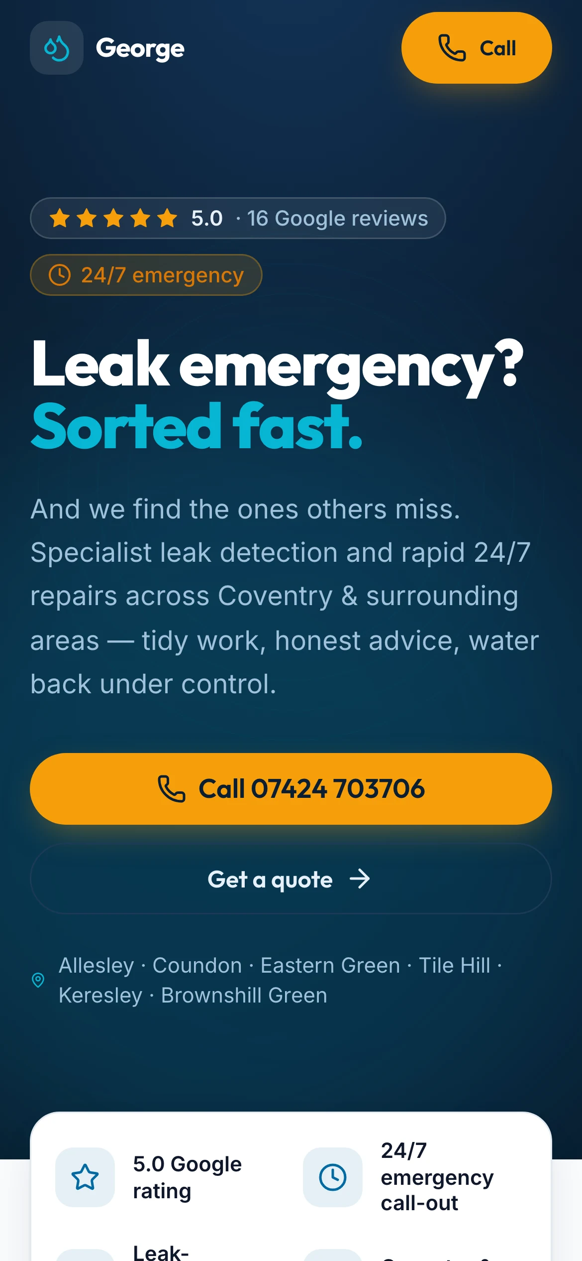 George The Plumber concept website on a phone with a large call button near the top.
