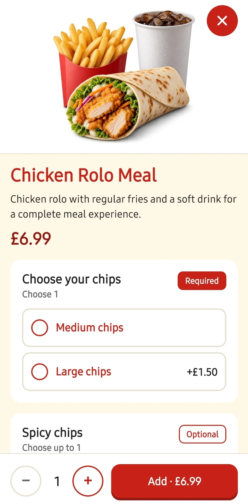 Chicken Rolo Meal customisation screen with a required choice of chips, an optional spicy chips choice and an Add button showing the price.