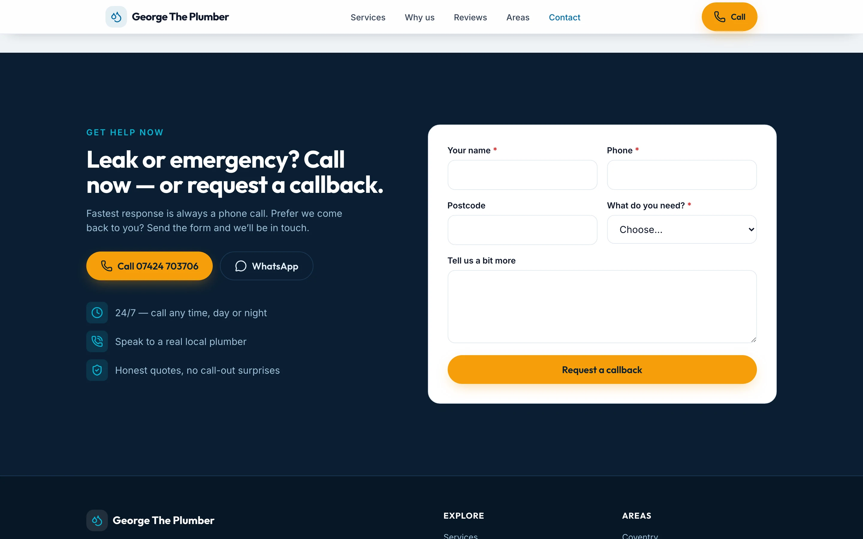 Concept website contact section with call and WhatsApp buttons beside a callback request form.