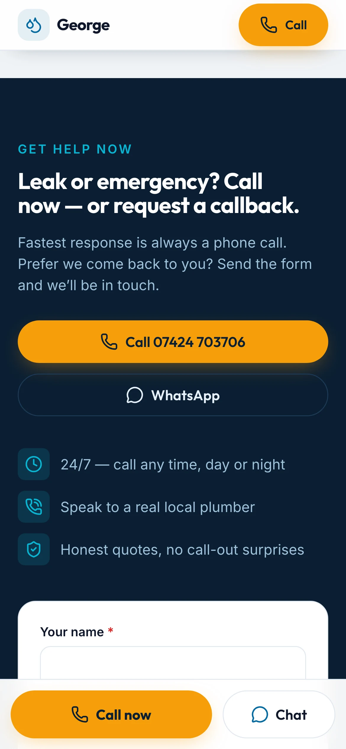 Concept website callback form on a phone.