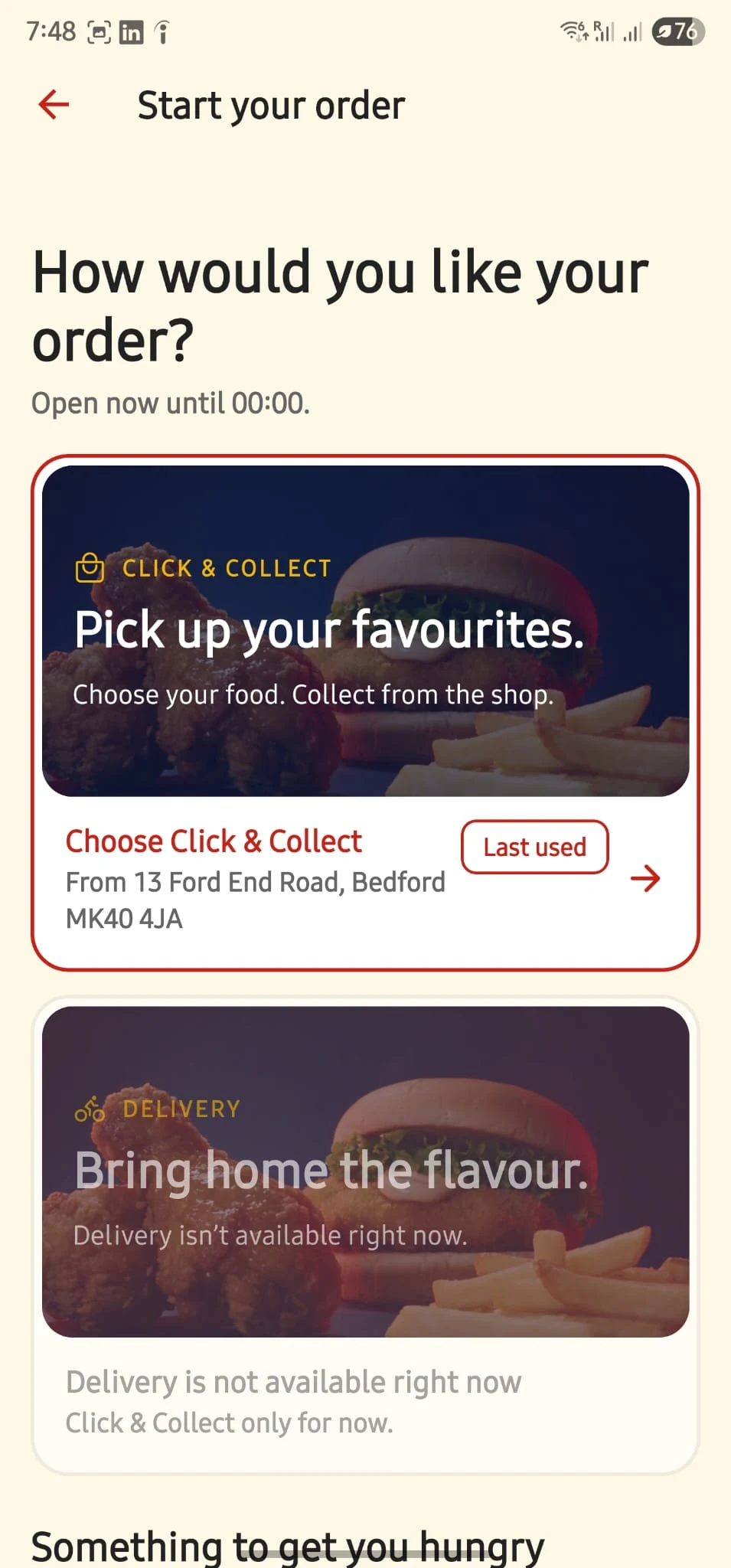 Start your order screen offering Click and Collect from the Bedford shop, with delivery shown as not available right now.