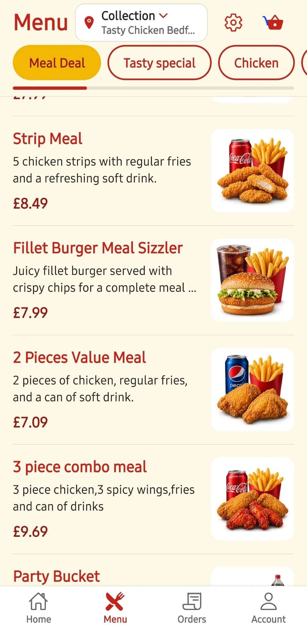Further meal deals in the Tasty Chicken app menu, including a strip meal and a value meal.