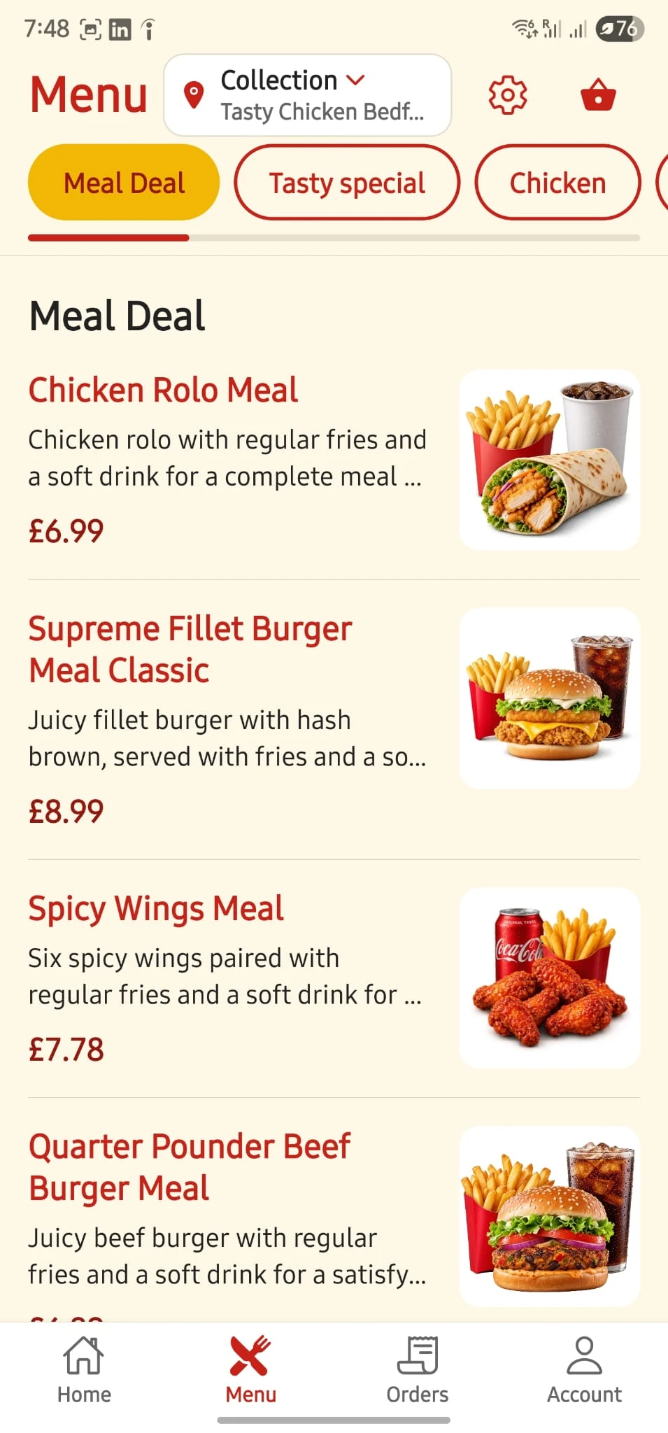 Tasty Chicken app menu with category tabs and meal deals listed with photos and prices.