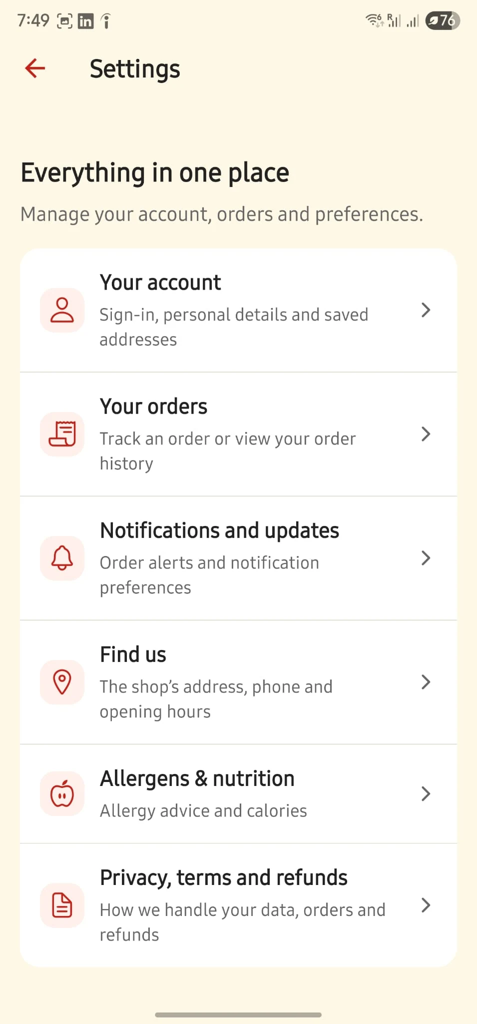 Settings screen listing your account, your orders, notifications, find us, allergens and nutrition, and privacy, terms and refunds.