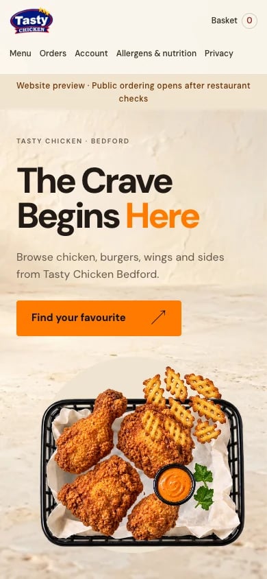 Tasty Chicken ordering website on a phone, showing the menu link and the website preview notice.